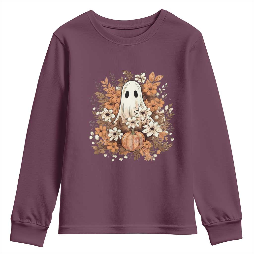 Halloween Ghost Youth Sweatshirt Vintage Floral Pumpkin Glitter Print TS11 Maroon Print Your Wear
