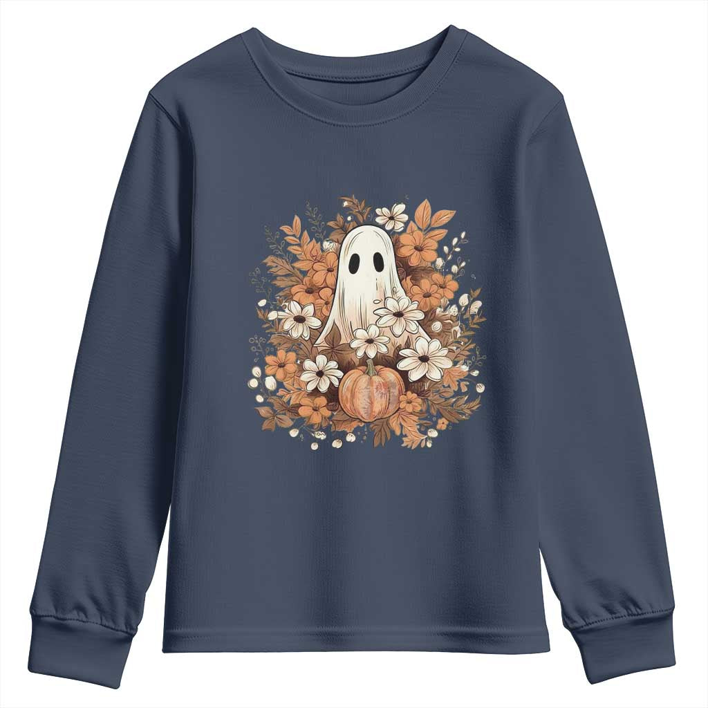 Halloween Ghost Youth Sweatshirt Vintage Floral Pumpkin Glitter Print TS11 Navy Print Your Wear
