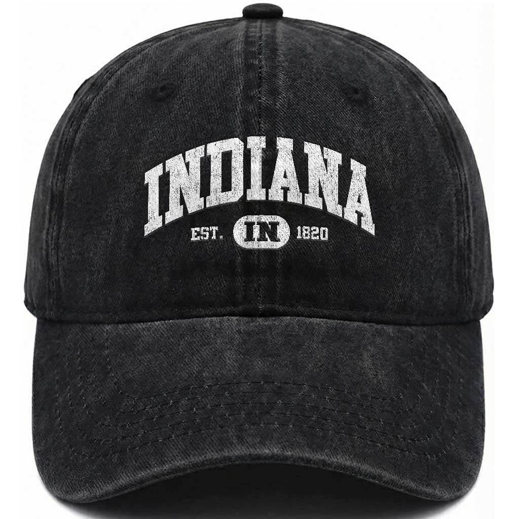 Indiana Est 1820 Washed Cotton Baseball Cap IN Vintage Varsity Sports Jersey Style
