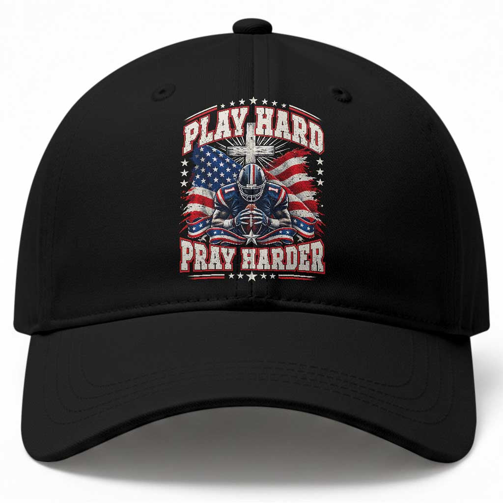 Christian Football Baseball Cap Play Hard Pray Harder Faith Sport Bible Verse