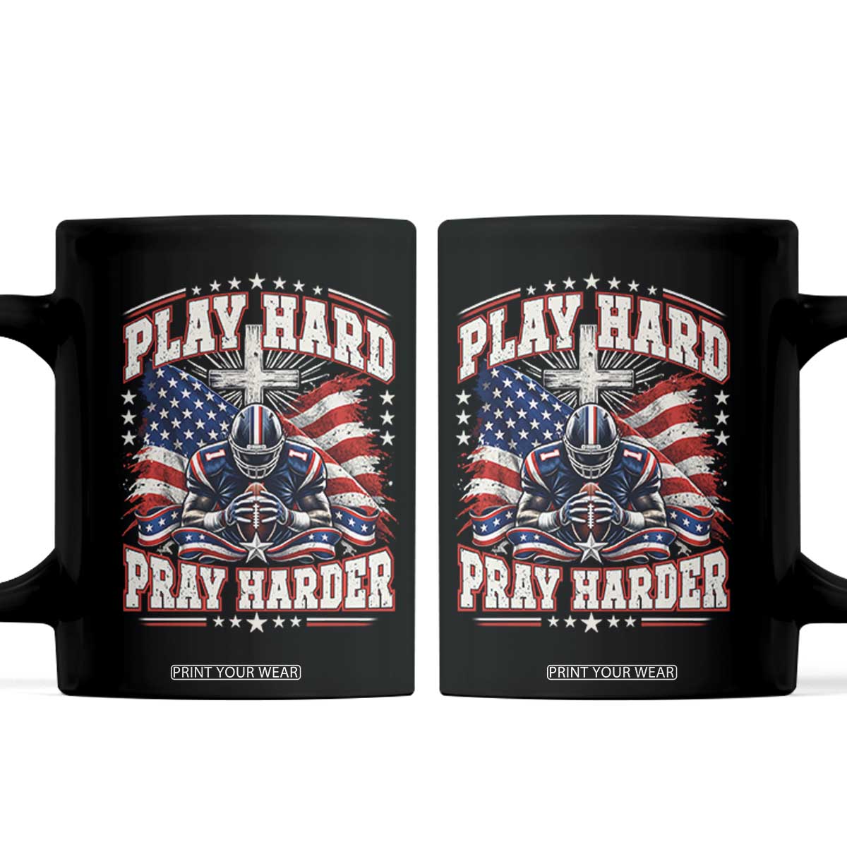 Christian Football Coffee Mug Play Hard Pray Harder Faith Sport Bible Verse