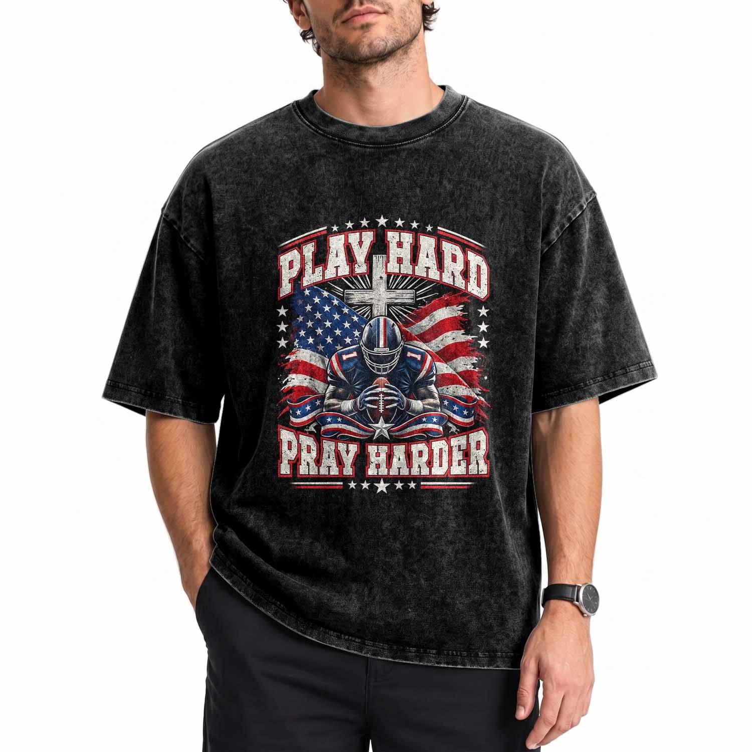 Christian Football Washed Cotton T-Shirt Play Hard Pray Harder Faith Sport Bible Verse