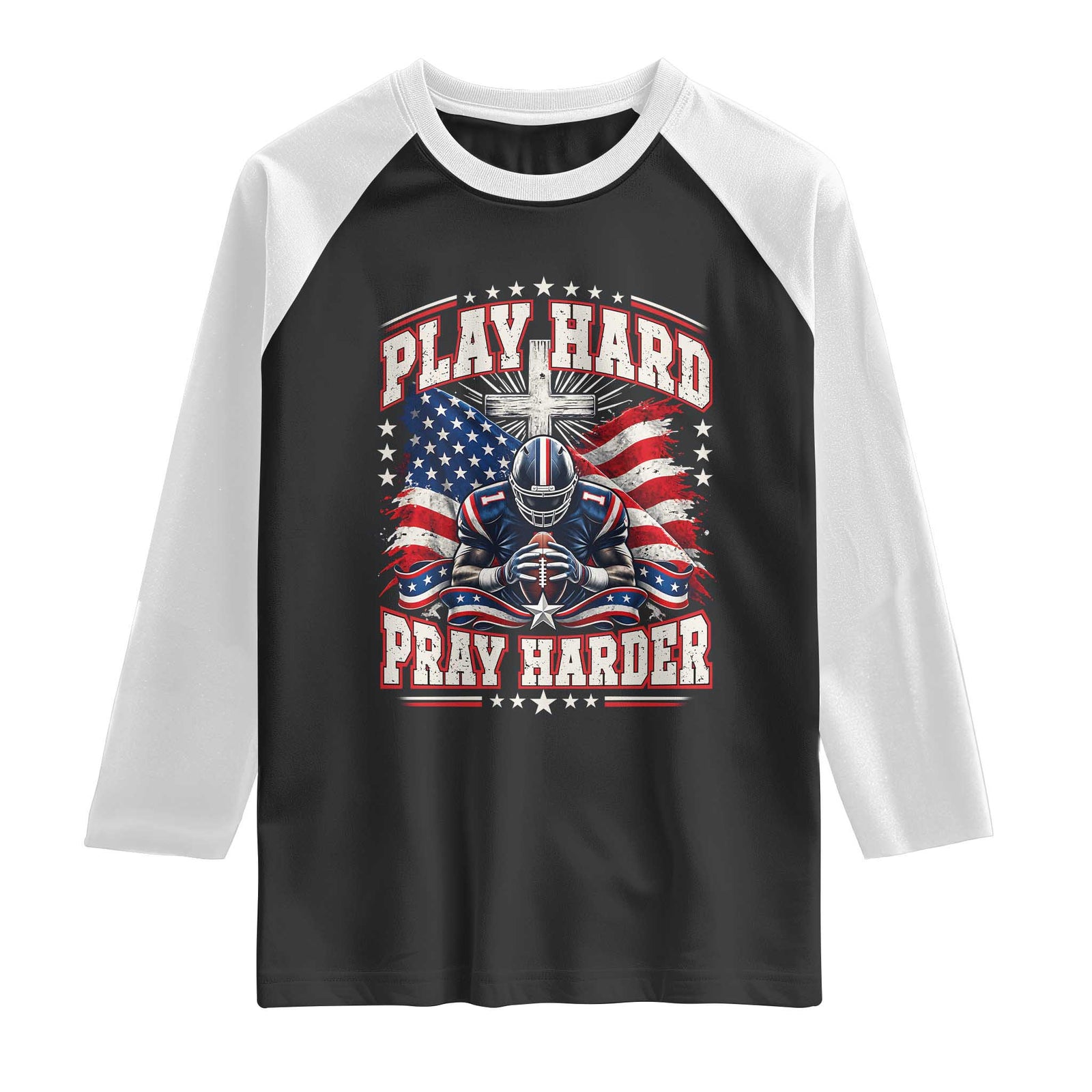 Christian Football Raglan Shirt Play Hard Pray Harder Faith Sport Bible Verse