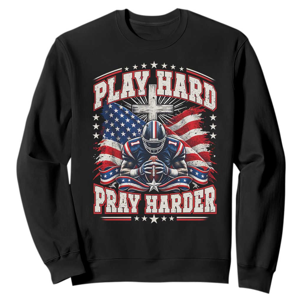 Christian Football Sweatshirt Play Hard Pray Harder Faith Sport Bible Verse