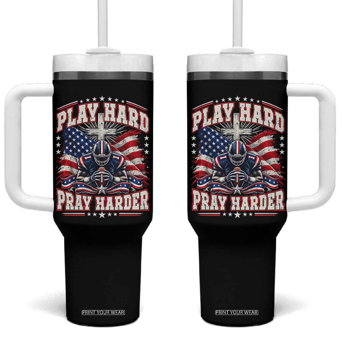 Christian Football Tumbler With Handle Play Hard Pray Harder Faith Sport Bible Verse