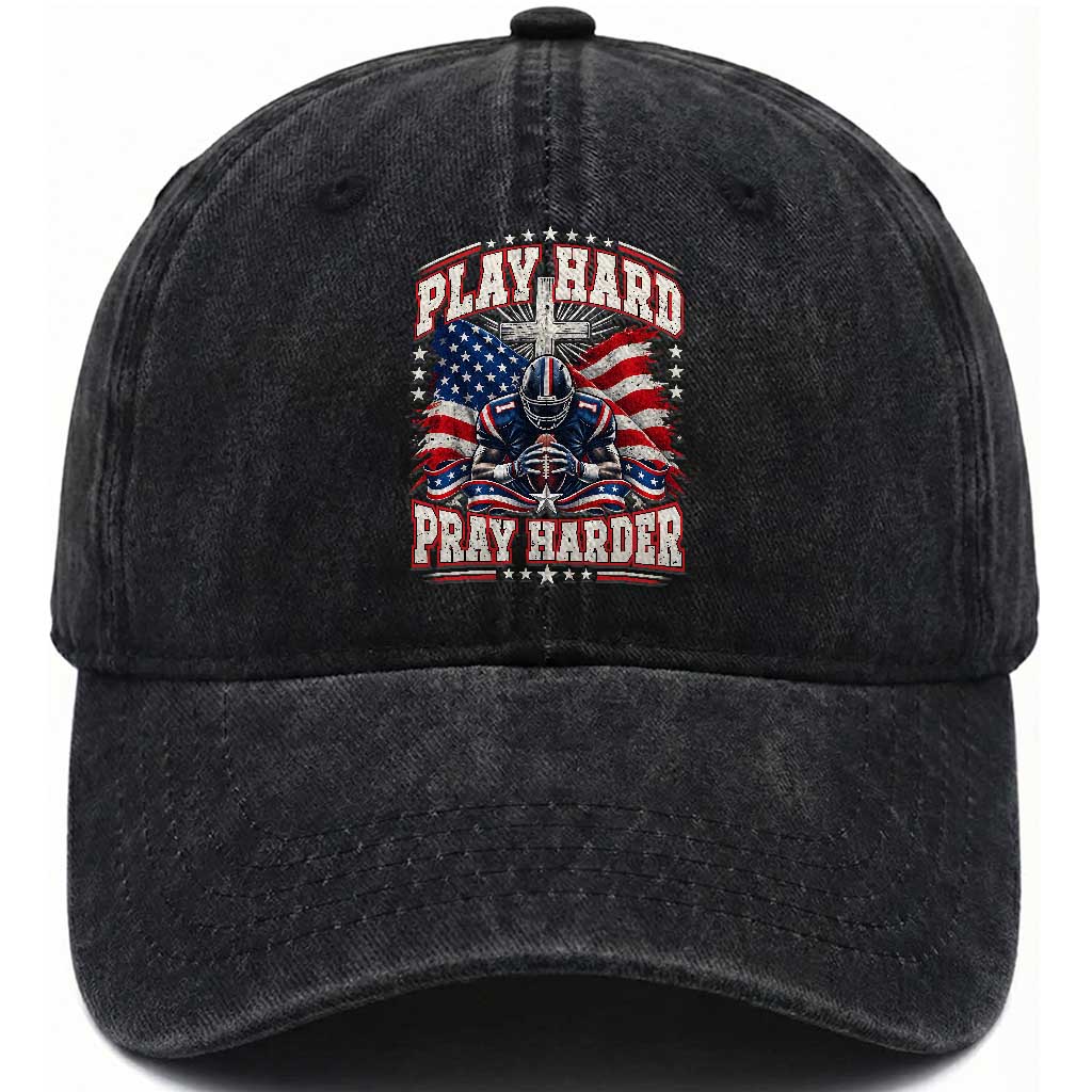 Christian Football Washed Cotton Baseball Cap Play Hard Pray Harder Faith Sport Bible Verse