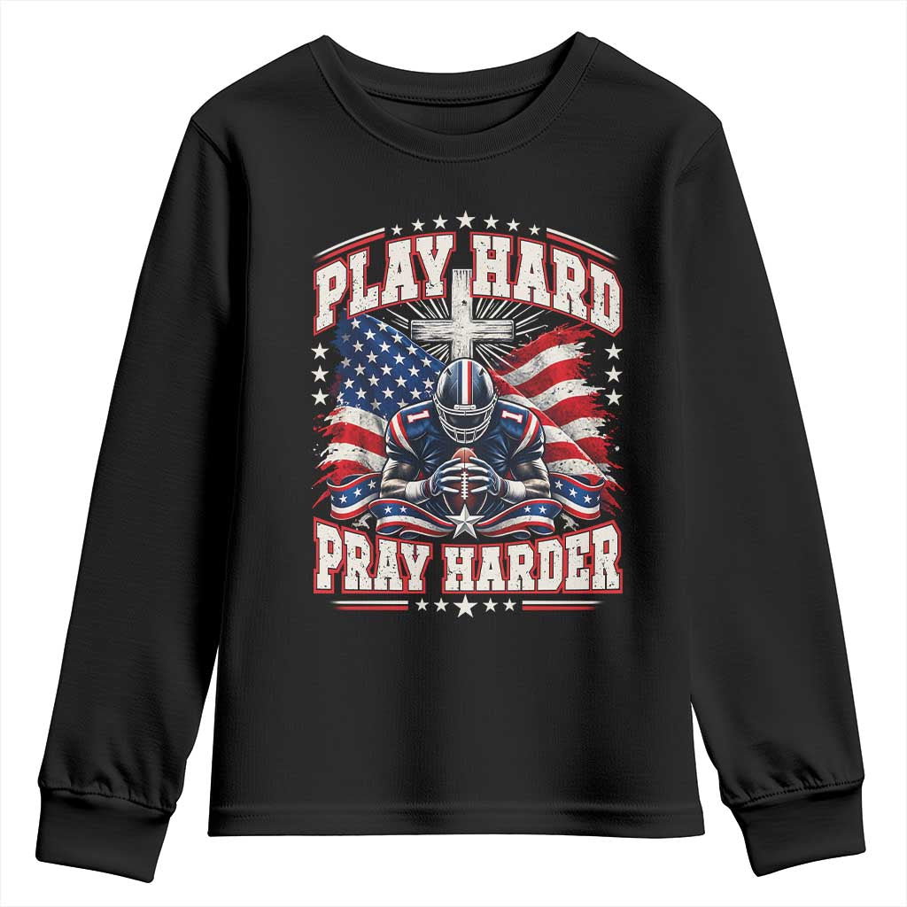 Christian Football Youth Sweatshirt Play Hard Pray Harder Faith Sport Bible Verse