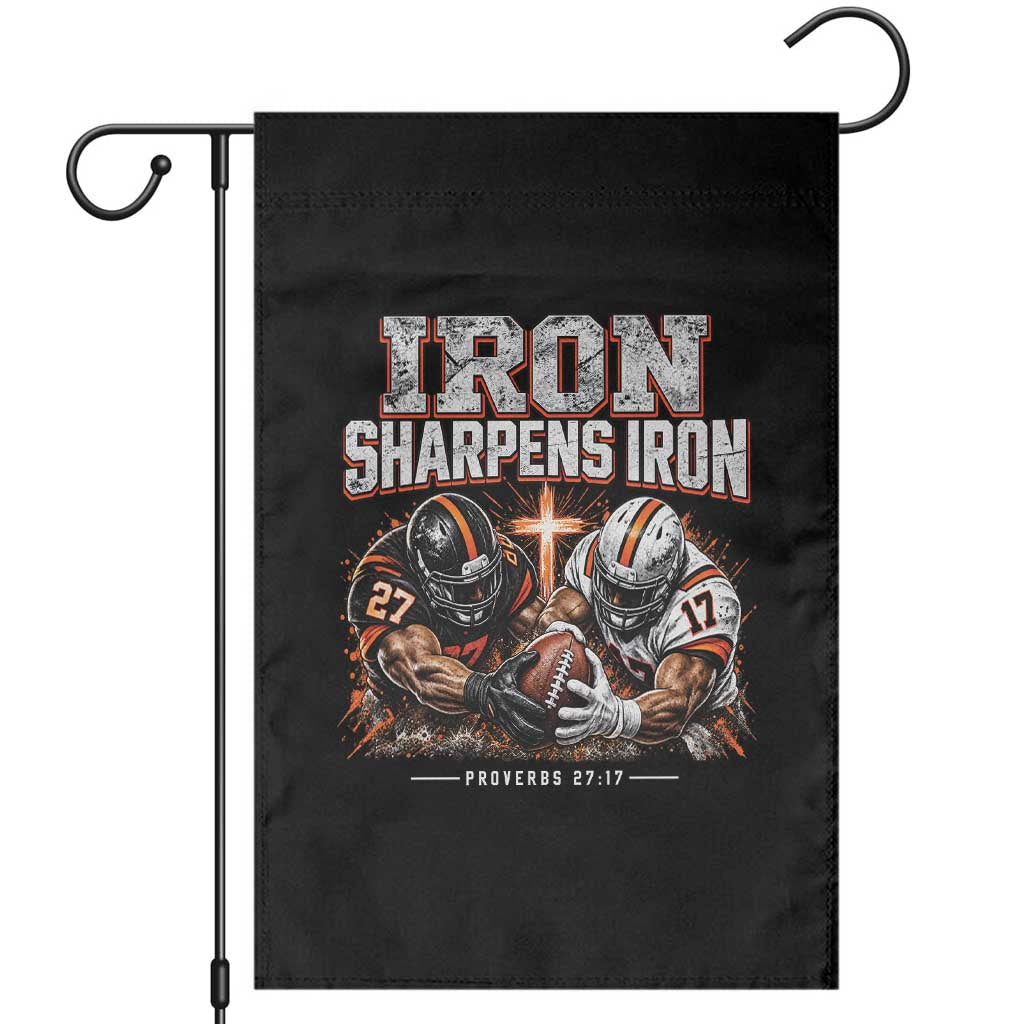 Iron Sharpens Iron Funny Christian Football Garden Flag Religious Faith Game Day Bible Verse Inspirational