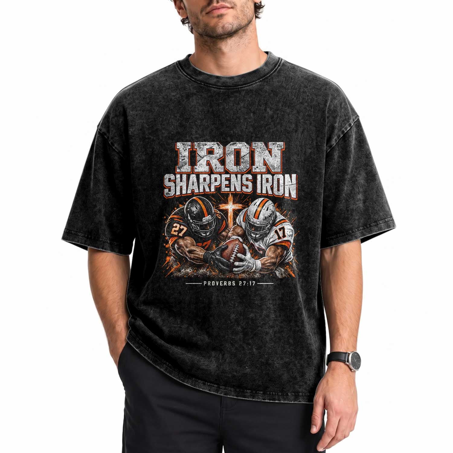 Iron Sharpens Iron Funny Christian Football Washed Cotton T-Shirt Religious Faith Game Day Bible Verse Inspirational