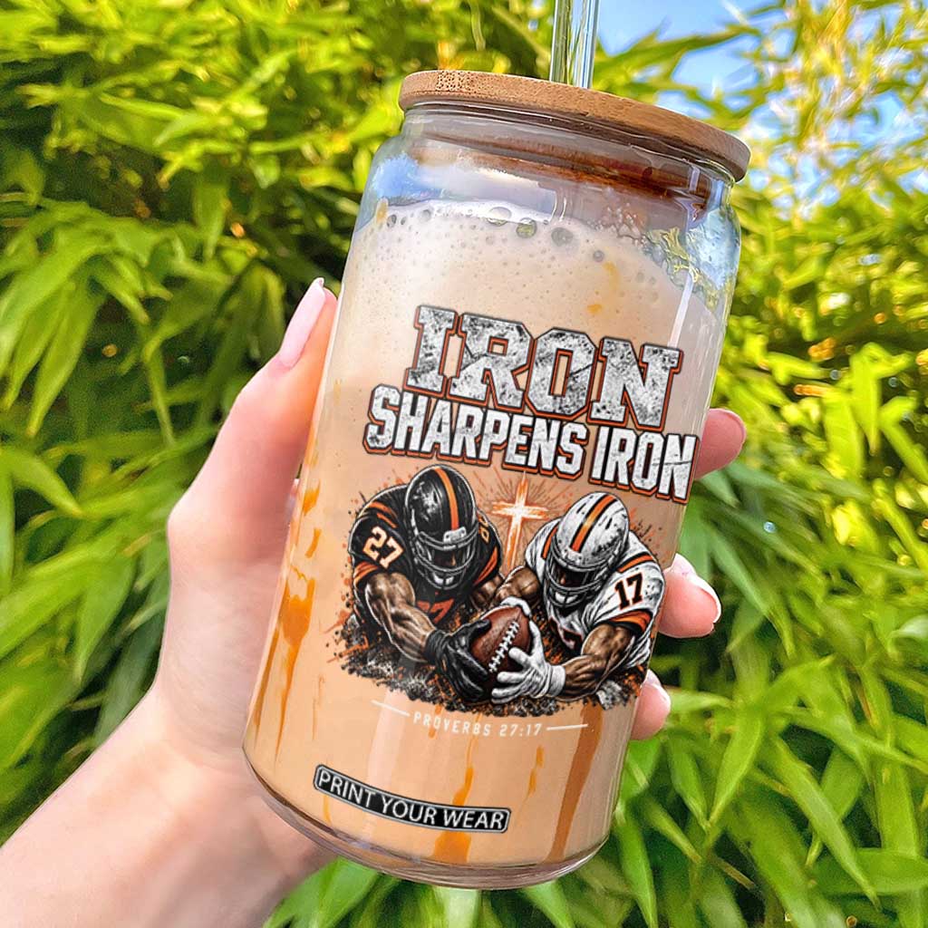 Iron Sharpens Iron Funny Christian Football Glass Can Religious Faith Game Day Bible Verse Inspirational