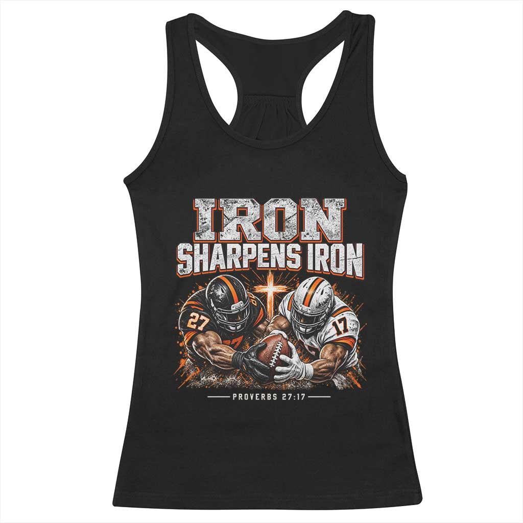 Iron Sharpens Iron Funny Christian Football Racerback Tank Top Religious Faith Game Day Bible Verse Inspirational
