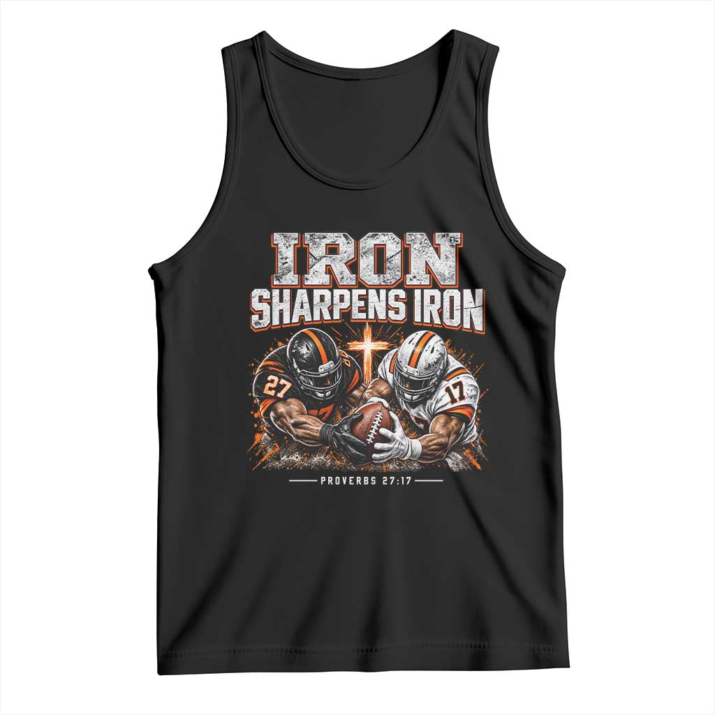 Iron Sharpens Iron Funny Christian Football Tank Top Religious Faith Game Day Bible Verse Inspirational