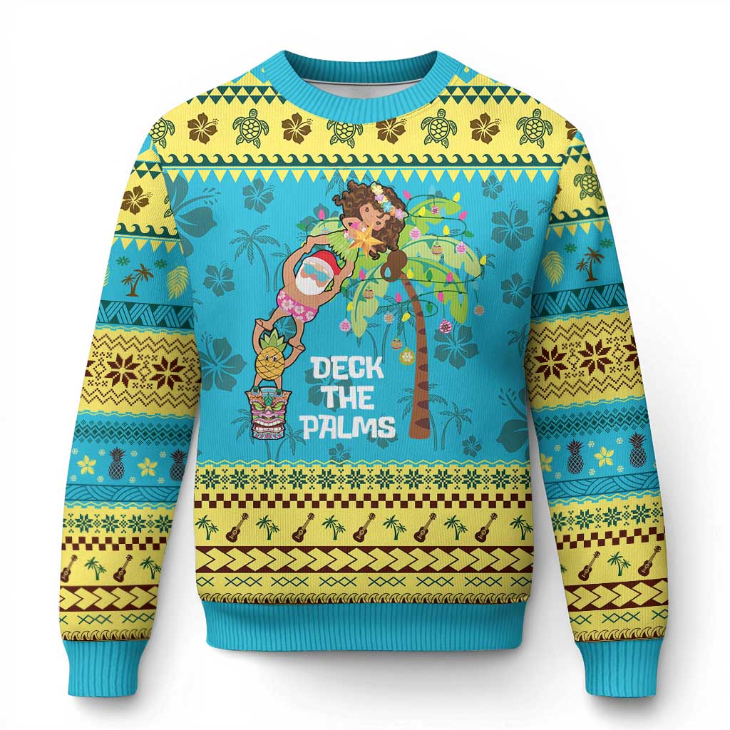 Xmas In Hawaii Ugly Christmas Sweater Deck The Palms Santa Hula Girl Tiki TS11 Hawaii Print Your Wear