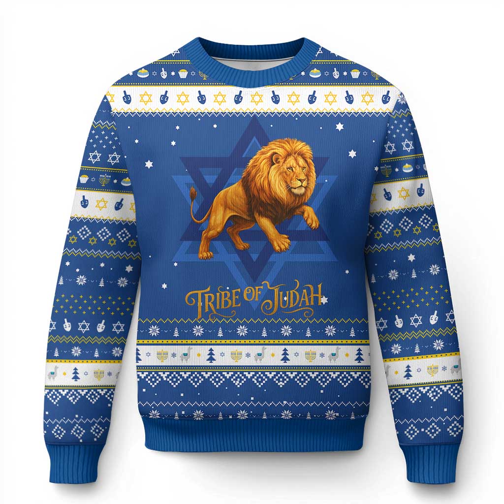 Tribe Of Judah Hanukkah Ugly Sweater Bible History Hebrew Christ Israelite Lion TS11 Blue White Print Your Wear