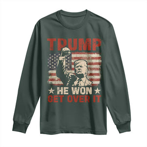 Trump Won 2024 Long Sleeve Shirt He Won Get Over It Vintage American Flag TS11 Dark Forest Green Print Your Wear