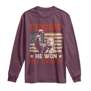 Trump Won 2024 Long Sleeve Shirt He Won Get Over It Vintage American Flag TS11 Maroon Print Your Wear