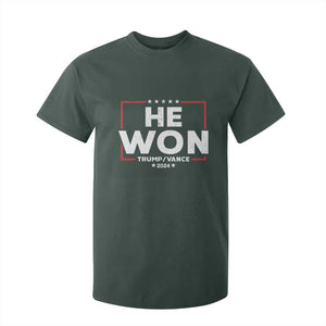 Trump He Won 2024 T Shirt For Kid The 47th US President Trump Vance TS11 Dark Forest Green Print Your Wear