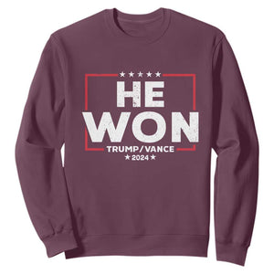 Trump He Won 2024 Sweatshirt The 47th US President Trump Vance TS11 Maroon Print Your Wear