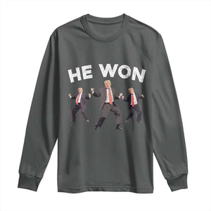 Funny Trump He Won 2024 Long Sleeve Shirt Trump Dances The 47th US President TS11 Dark Heather Print Your Wear