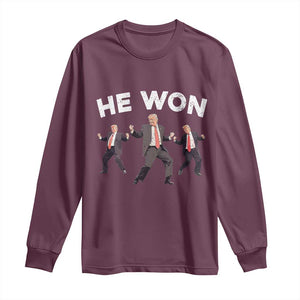 Funny Trump He Won 2024 Long Sleeve Shirt Trump Dances The 47th US President TS11 Maroon Print Your Wear