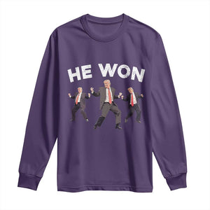 Funny Trump He Won 2024 Long Sleeve Shirt Trump Dances The 47th US President TS11 Purple Print Your Wear