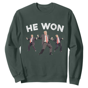 Funny Trump He Won 2024 Sweatshirt Trump Dances The 47th US President TS11 Dark Forest Green Print Your Wear