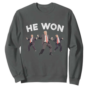 Funny Trump He Won 2024 Sweatshirt Trump Dances The 47th US President TS11 Dark Heather Print Your Wear