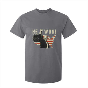 Trump He Won 2024 T Shirt For Kid The 47th US President Vintage American Flag TS11 Charcoal Print Your Wear