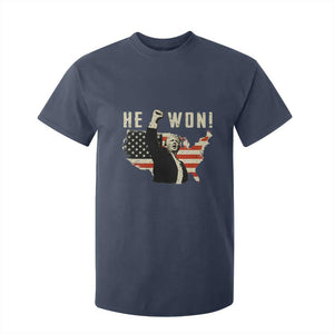 Trump He Won 2024 T Shirt For Kid The 47th US President Vintage American Flag TS11 Navy Print Your Wear