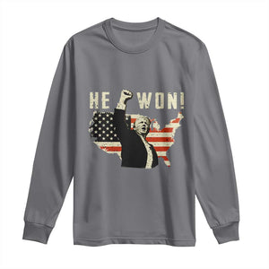 Trump He Won 2024 Long Sleeve Shirt The 47th US President Vintage American Flag TS11 Charcoal Print Your Wear