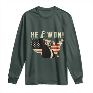 Trump He Won 2024 Long Sleeve Shirt The 47th US President Vintage American Flag TS11 Dark Forest Green Print Your Wear