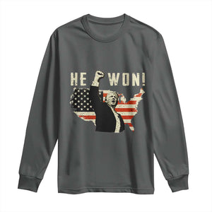 Trump He Won 2024 Long Sleeve Shirt The 47th US President Vintage American Flag TS11 Dark Heather Print Your Wear