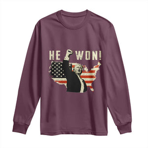 Trump He Won 2024 Long Sleeve Shirt The 47th US President Vintage American Flag TS11 Maroon Print Your Wear