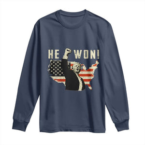 Trump He Won 2024 Long Sleeve Shirt The 47th US President Vintage American Flag TS11 Navy Print Your Wear