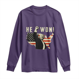 Trump He Won 2024 Long Sleeve Shirt The 47th US President Vintage American Flag TS11 Purple Print Your Wear