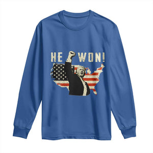 Trump He Won 2024 Long Sleeve Shirt The 47th US President Vintage American Flag TS11 Royal Blue Print Your Wear