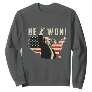 Trump He Won 2024 Sweatshirt The 47th US President Vintage American Flag TS11 Dark Heather Print Your Wear