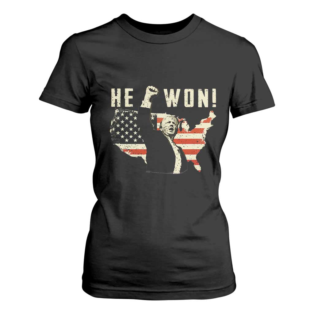 Trump He Won 2024 T Shirt For Women The 47th US President Vintage American Flag TS11 Black Print Your Wear