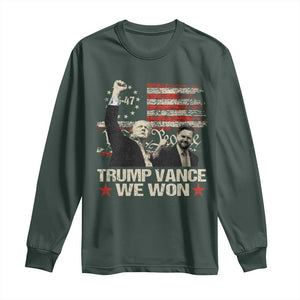 Trump Vance We Won 2024 Long Sleeve Shirt The 47th US President Betsy American Flag TS11 Dark Forest Green Print Your Wear