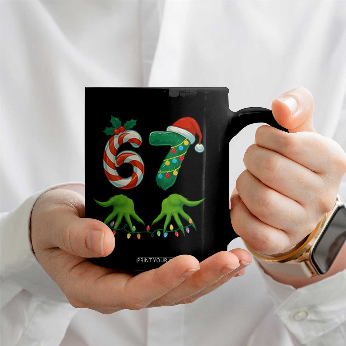 Funny Six Seven Christmas 67 Meme Gen Alpha Slang Elf Hands Coffee Mug TS11 Print Your Wear