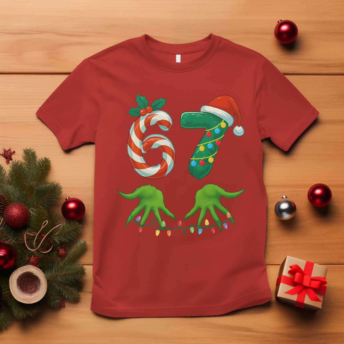 Funny Six Seven Christmas 67 Meme Gen Alpha Slang Elf Hands T Shirt TS11 Red Print Your Wear
