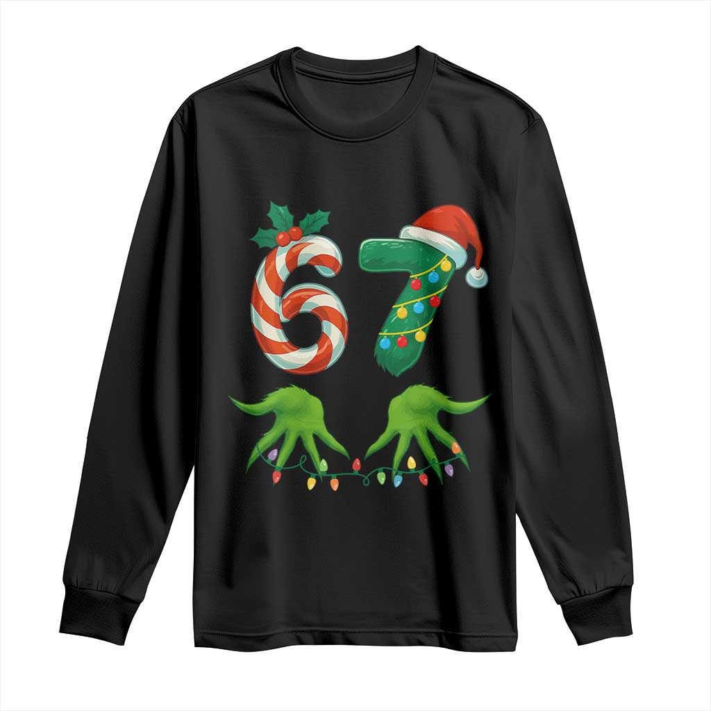 Funny Six Seven Christmas 67 Meme Gen Alpha Slang Elf Hands Long Sleeve Shirt TS11 Black Print Your Wear