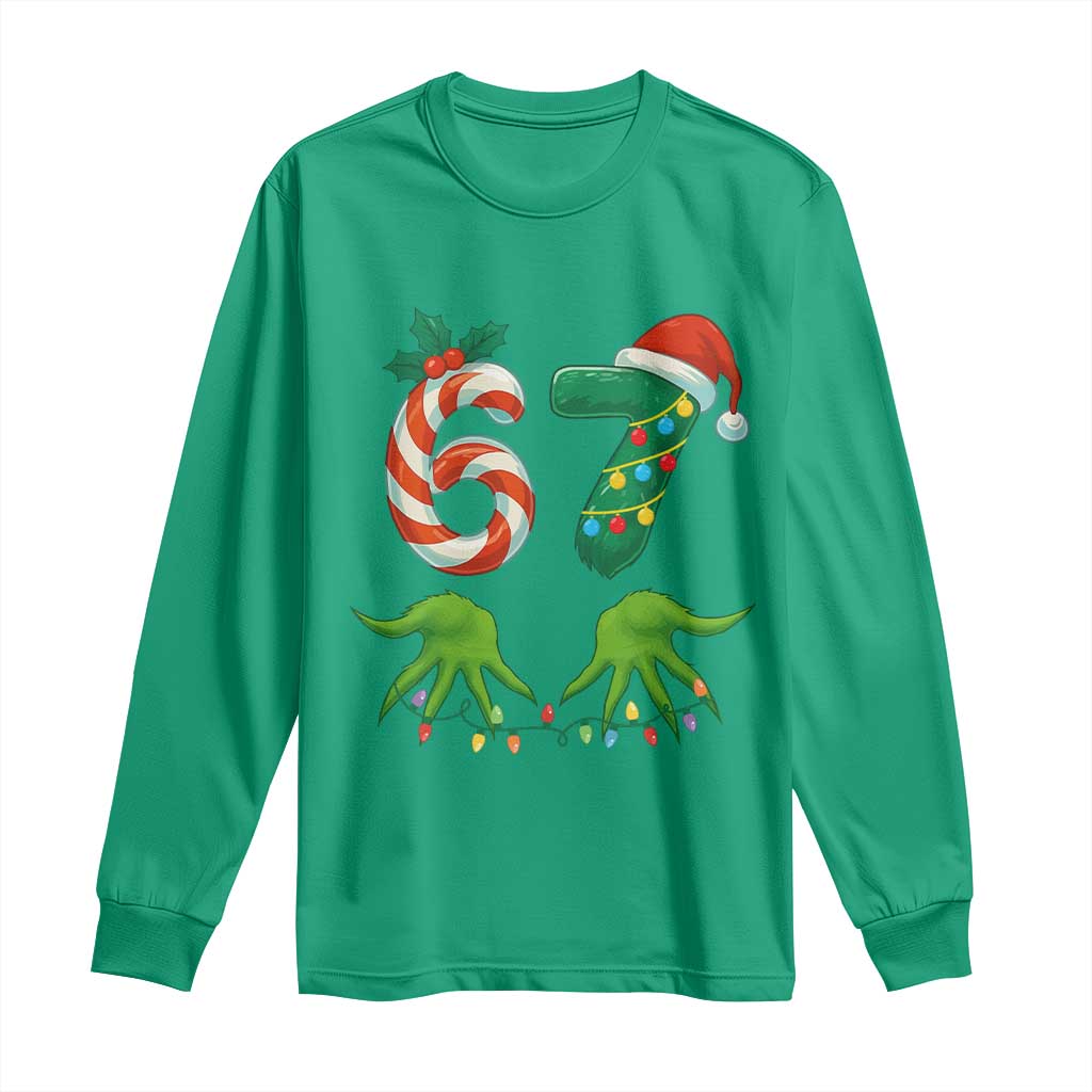 Funny Six Seven Christmas 67 Meme Gen Alpha Slang Elf Hands Long Sleeve Shirt TS11 Irish Green Print Your Wear