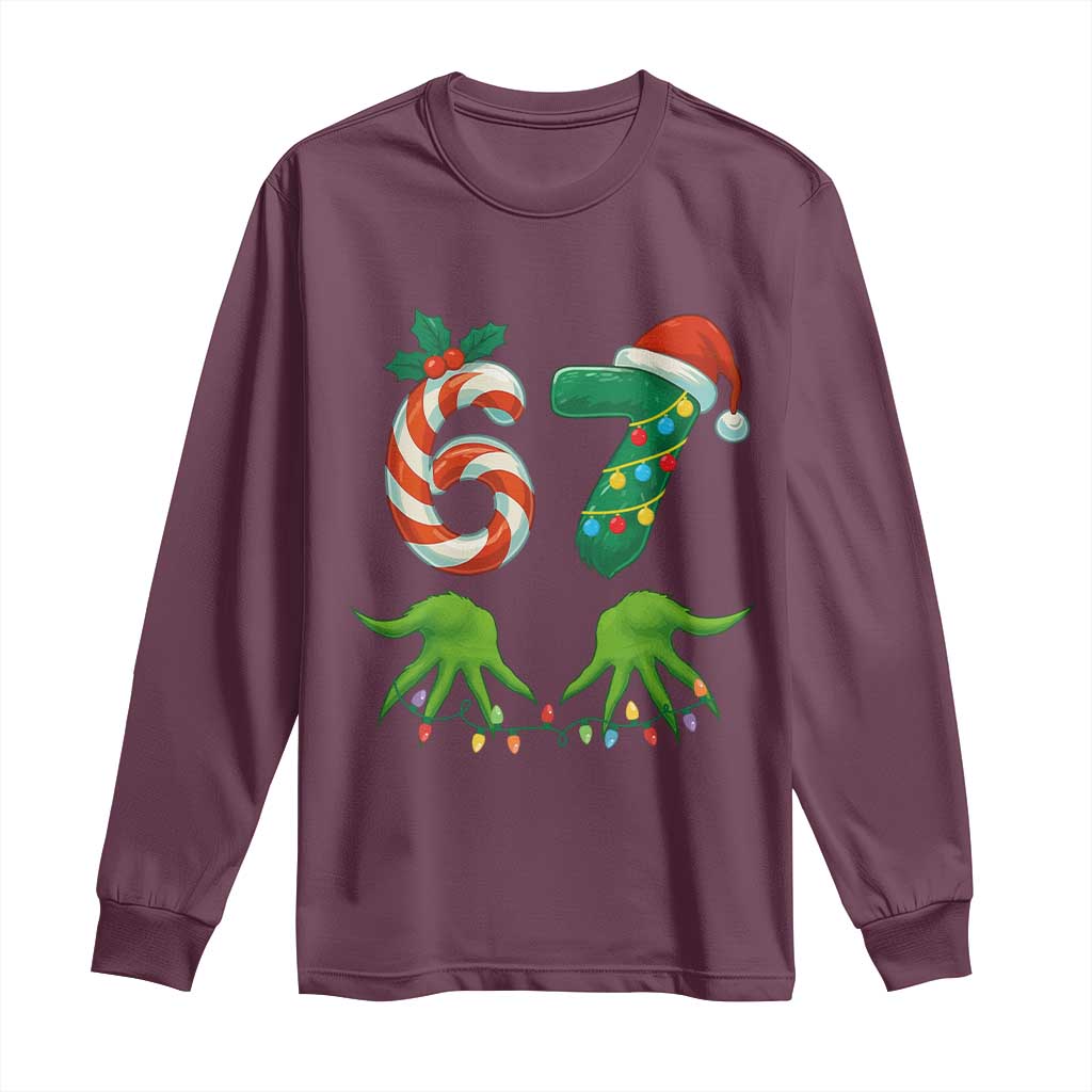 Funny Six Seven Christmas 67 Meme Gen Alpha Slang Elf Hands Long Sleeve Shirt TS11 Maroon Print Your Wear