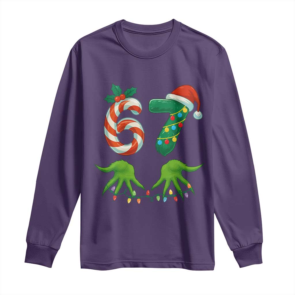 Funny Six Seven Christmas 67 Meme Gen Alpha Slang Elf Hands Long Sleeve Shirt TS11 Purple Print Your Wear