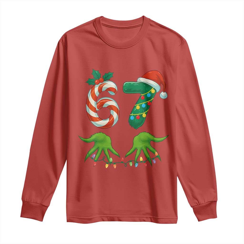 Funny Six Seven Christmas 67 Meme Gen Alpha Slang Elf Hands Long Sleeve Shirt TS11 Red Print Your Wear