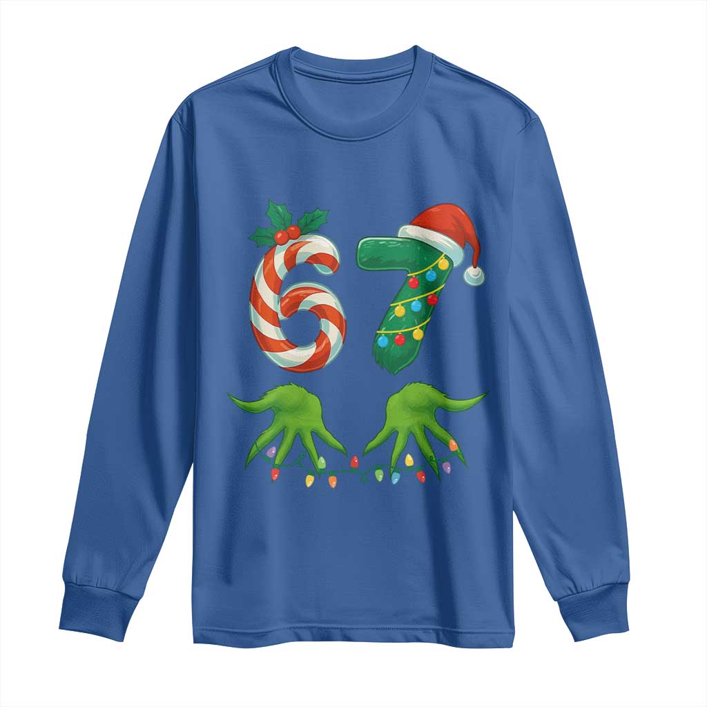 Funny Six Seven Christmas 67 Meme Gen Alpha Slang Elf Hands Long Sleeve Shirt TS11 Royal Blue Print Your Wear
