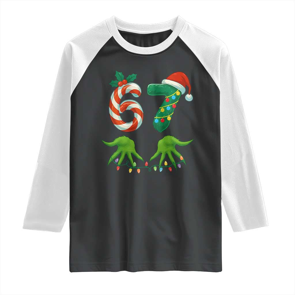 Funny Six Seven Christmas 67 Meme Gen Alpha Slang Elf Hands Raglan Shirt TS11 Black White Print Your Wear