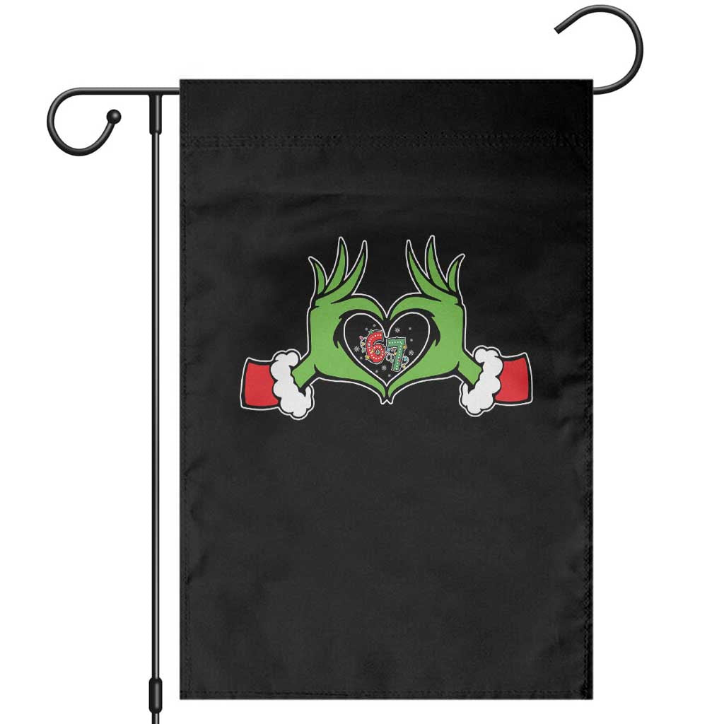 Funny Six Seven Christmas 67 Meme Gen Alpha Elf Heart Hands Garden Flag TS11 Black Print Your Wear