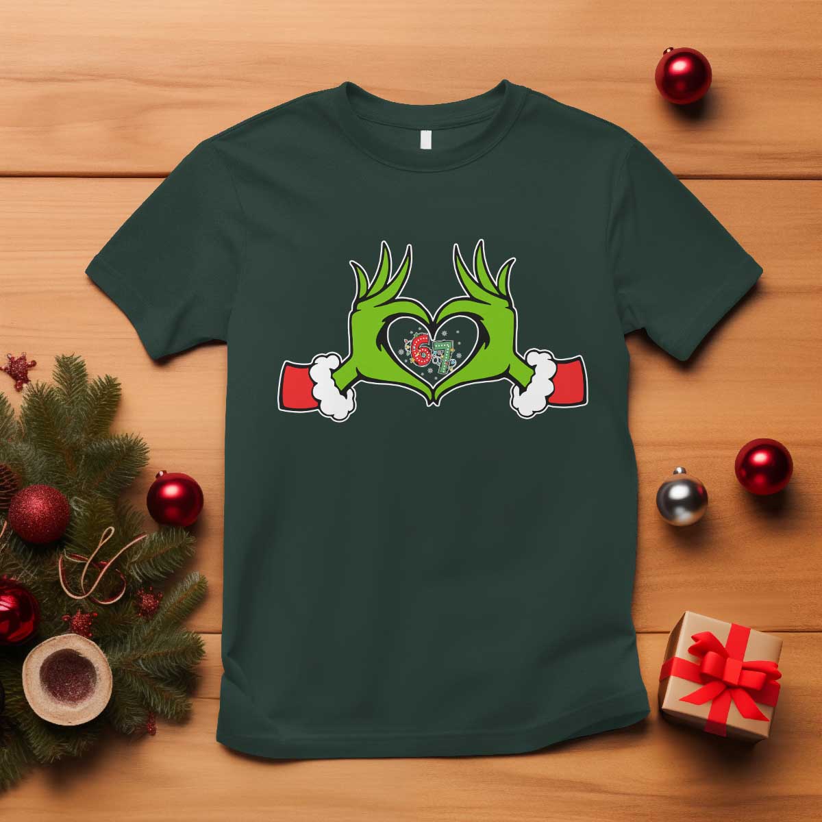 Funny Six Seven Christmas 67 Meme Gen Alpha Elf Heart Hands T Shirt TS11 Dark Forest Green Print Your Wear